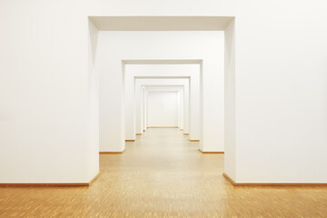 passageway with wooden floor and white walls