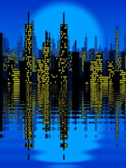 NYC city that never sleeps with many window lights on a turquoise and blue moon sky