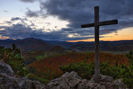 summit cross after sunset mount Peilstein Austria