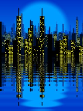 NYC city that never sleeps with many window lights on a turquoise and blue moon sky