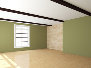Corner of the Room without Furniture. With Light Parquet, Khaki Walls with Marble Inlays. Window, Sunbeams of Light on the Floor. Brown Beams on the Ceiling. 3D Rendering with a Work Path on Window
