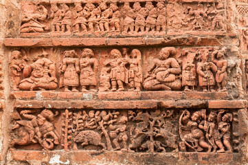 Figurines made of terracotta at Radhagobinda Temple, Bishnupur , West Bengal, India .