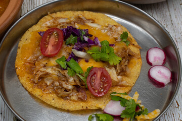 Corn quesadilla with roasted vegetables, tomato