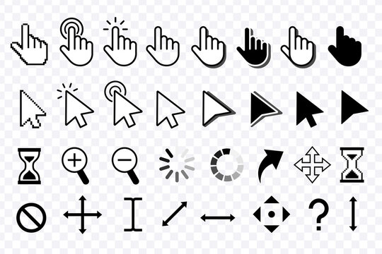 Computer Mouse click cursor. Mouse pointers set. Black vector icons of arrows and hands. Different smooth and pixel mouse cursors. Vector clipart. 