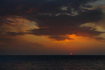 Russia. East Caucasus, Republic of Dagestan. Spring dawn on the shore of the Caspian Sea near the embankment of the city of Makhachkala.
