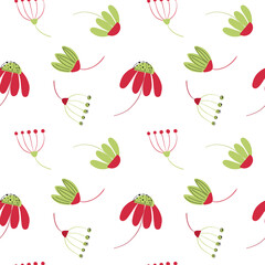 Vector flowers and berries in green and red on a white background seamless pattern