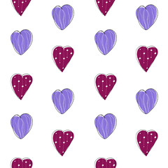 Vector hearts with an ornament of burgundy and purple on a white background seamless pattern