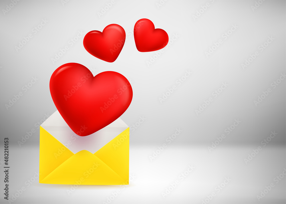 Poster paper envelope with hearts. mailing with love concept. 3d vector illustration