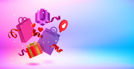 Shopping concept with boxes, bags, hearts and ribbons. 3d vector landscape orientation banner with copy space