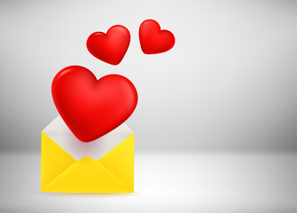 Paper envelope with hearts. Mailing with love concept. 3d vector illustration