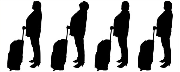 A businesswoman in a trouser suit holds on to the luggage handle on wheels. Side view. The passenger in the waiting room looks up. Line of women. Black female silhouettes isolated on white background.