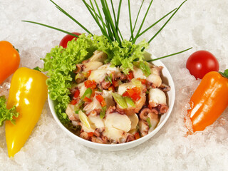 Various Mini Peppers and Octopus Salad on Ice with white Background