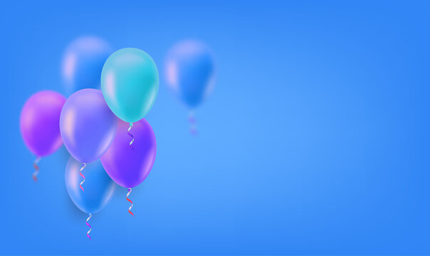 Color air balloons on blue background. 3d vector banner with copy space