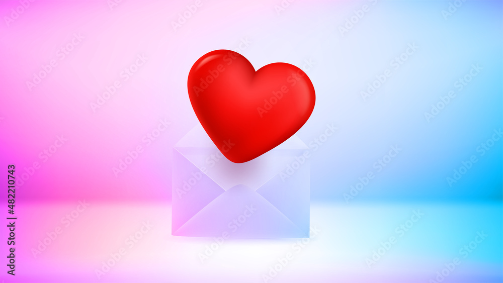 Poster paper envelope with heart like a present. mailing with love concept. 3d vector illustration