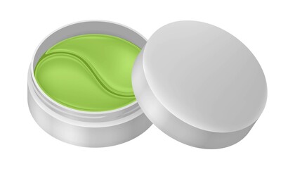 Realistic eye patches in cosmetics jar. Green gel patches. Facial Skin Care. Collagen Mask. Hydrogel Cosmetic Product. Korean cosmetics.