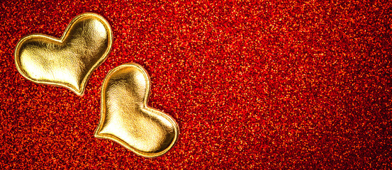 Valentines Day hearts. Banner, red sparkling glitter background with copy space. Love and romance, top view photo