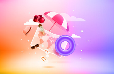 Summer travel concept. 3d vector objects with levitation effect