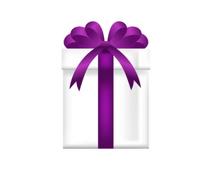 A white gift box with a purple bow . An element for the design of a banner, poster, postcard, background.Vector illustration