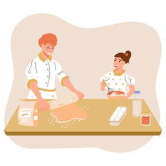 Mother cooking with child. Parent with kid spending time together making cookies, pie or other dessert. Mother and daughter cooking in the kitchen. Cartoon vector illustration.
