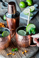Hand holding an icy cold Moscow Mule with ginger beer cocktail. 
