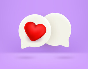 Speech clouds with heart sign. Love message concept. 3d vector illustration