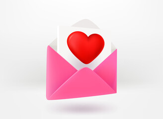Love letter concept. Pink paper envelope with red heart. 3d vector illustration