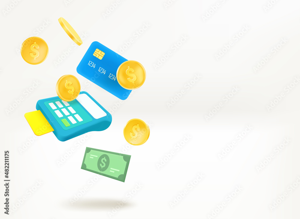Poster shopping and ecommerce concept with payment terminal and money. banner with copy space
