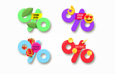 Different sale labels with percentage sign. 3d vector clipart