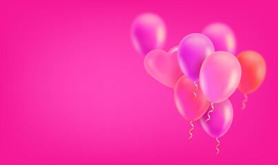 Pink air balloons on pink background. Valentines Day cad template. 3d vector banner with copy space