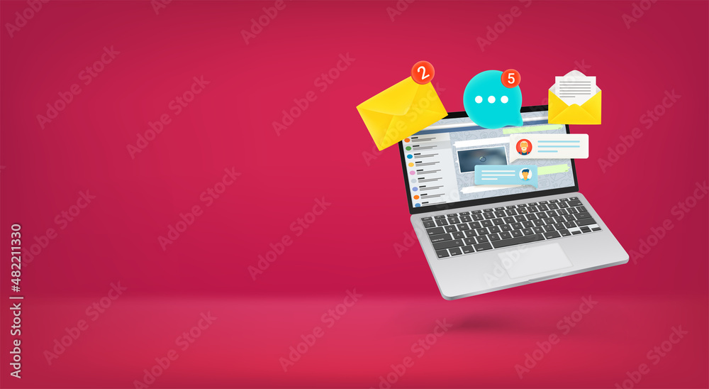 Poster laptop with notifications. vector banner with copy space