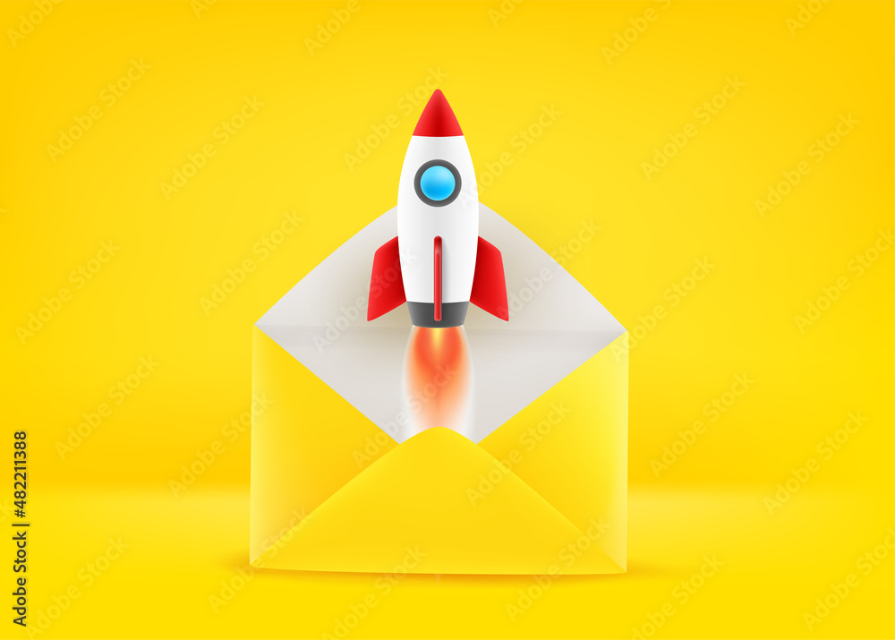Aufkleber Paper envelope with rocket. 3d vector illustration