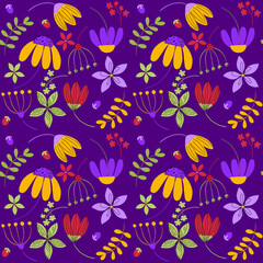 Vector flowers and berries in purple yellow green red color on purple background seamless pattern