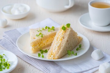 Tea sandwiches with egg salad on a white plate on a light concrete background. Sandwich recipes.