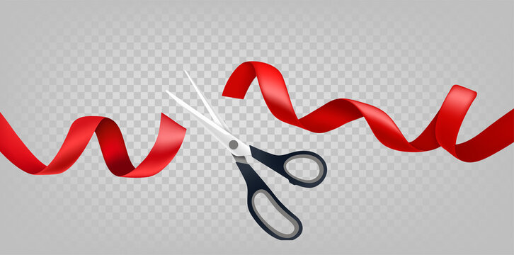 Scissors cutting red ribbon isolated on transparent background. 3d vector illustration