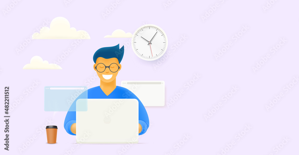Poster clerk at the office. 3d vector banner with copy space