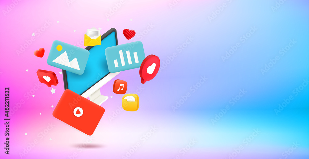 Poster internet entertainment concept. 3d vector landscape orientation banner with copy space