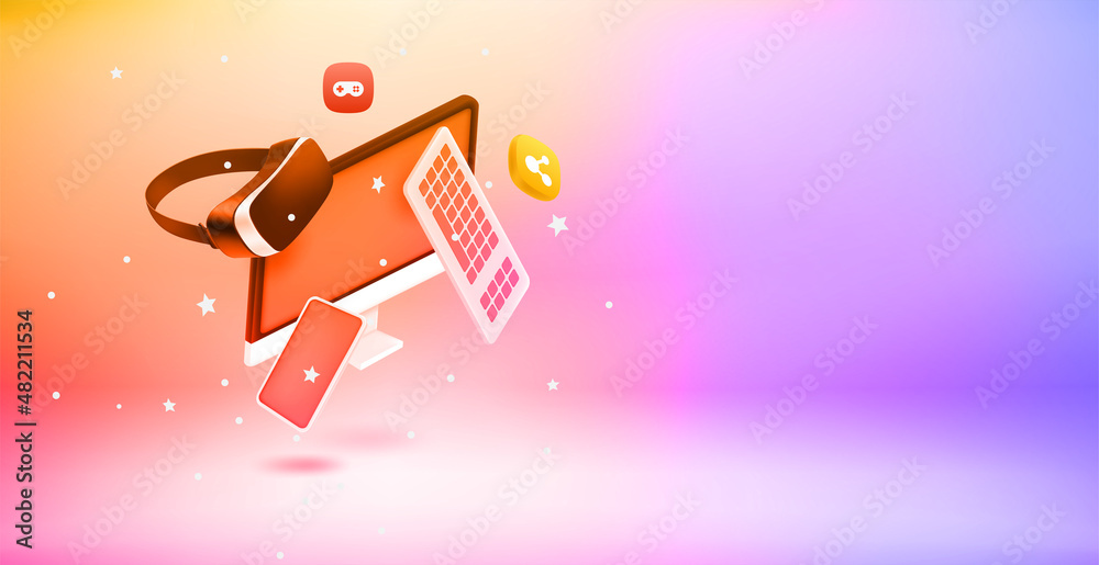 Poster falling gift boxes. 3d vector landscape orientation banner with copy space