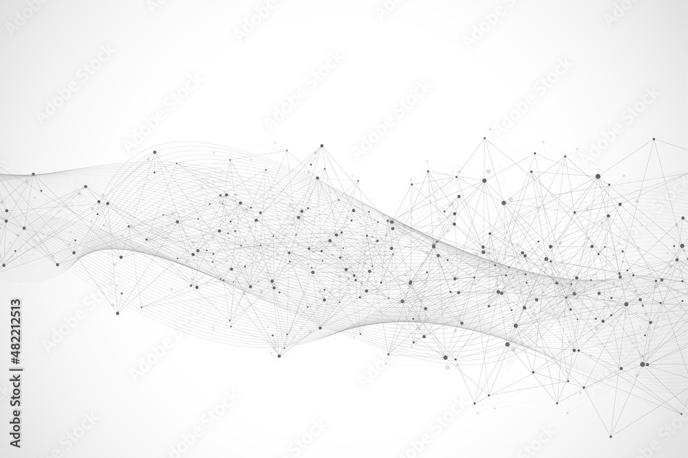 Poster Abstract plexus background with connected lines and dots. Wave flow. Plexus geometric effect Big data with compounds. Lines plexus, minimal array. Digital data visualization, illustration