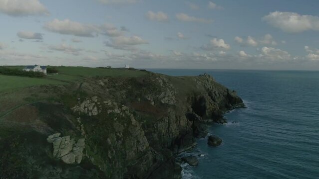 Rugged cornish coastal aerial. Dusk