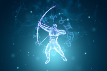 Fototapeta premium Muscular man with bow blue hologram, zodiac sign Sagittarius on the background of zodiac signs. The concept of horoscope, destiny, constellations, astrology, isoterics. 3D illustration, 3D render.