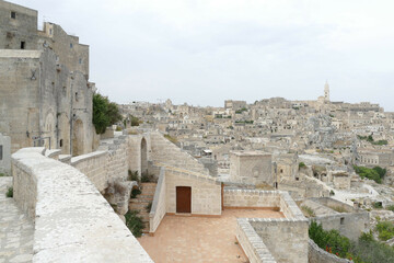 panorama of Sasso Caveoso in Matera with typical rupestrian churches excavated inside the rock