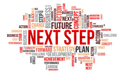Next step word cloud template. Business concept vector background.