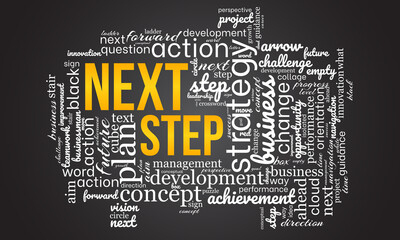Next step word cloud template. Business concept vector background.