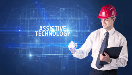 Handsome architect drawing with helmet