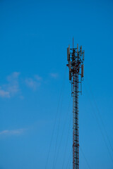 Telecommunication tower of 4G and 5G cellular. Antenna transmission communication. Cell phone signal base station.