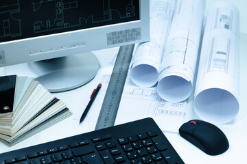 work table with design tools for Construction projects or Architecture plans. working tools in the...