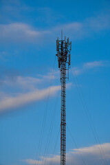 Telecommunication tower of 4G and 5G cellular. Antenna transmission communication. Cell phone signal base station.