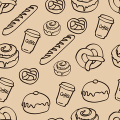 Bakery, cakes, sweets vector seamless pattern isolated on brown background. Concept for menu, cards, print