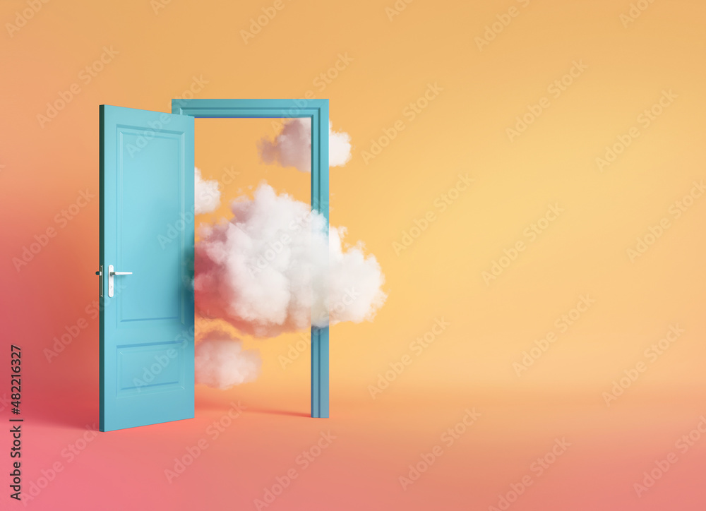 Poster 3d render, white clouds and cumulus flying out the blue open door inside the empty room. objects iso