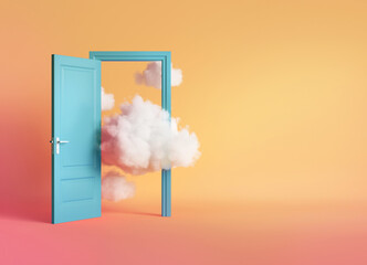 3d render, white clouds and cumulus flying out the blue open door inside the empty room. Objects isolated on peachy background. Abstract metaphor, modern minimal concept. Surreal optical illusion - obrazy, fototapety, plakaty